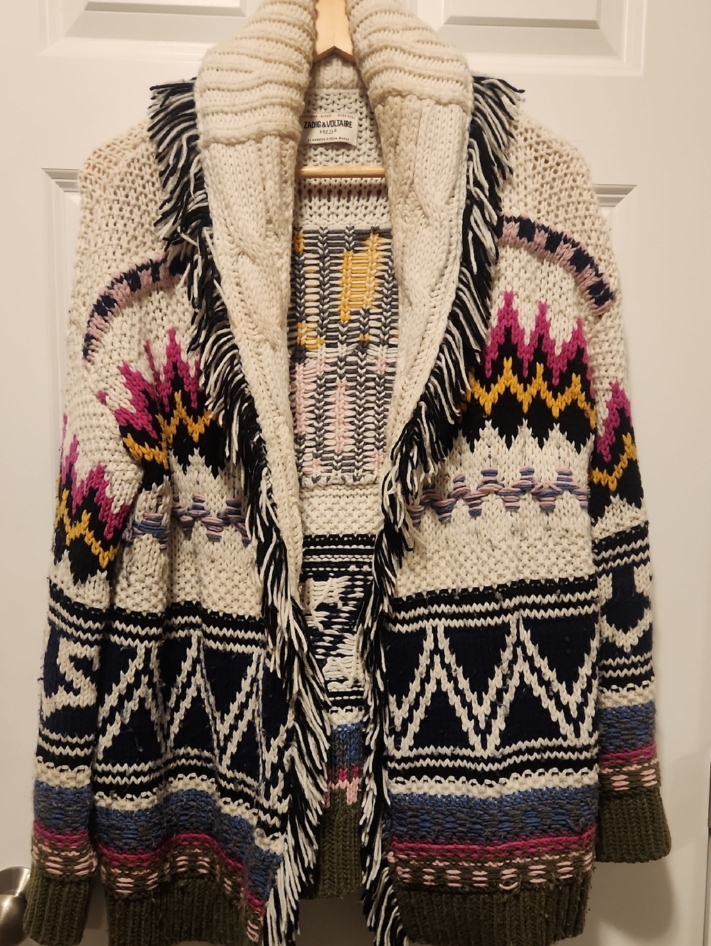 Zadig & Voltaire Cream Ella coat with Black, Pink & Mustard Fair Isle Accents